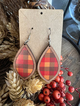 Load image into Gallery viewer, Fall Plaid &amp; Wood Inset Teardrop Dangle Earrings