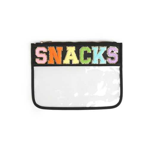 Varsity Letter Patch Clear Zippered Pouch Bag - Black SNACKS