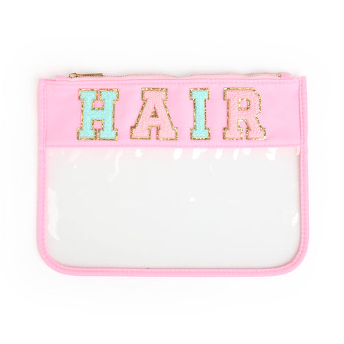 Varsity Letter Patch Clear Zippered Pouch Bag - Pink HAIR