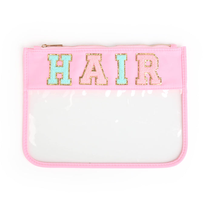 Varsity Letter Patch Clear Zippered Pouch Bag - Pink HAIR