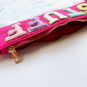Varsity Letter Patch Clear Zippered Pouch Bag - Pink STUFF