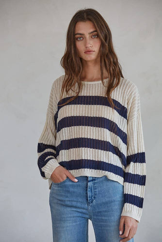 By Together Uptown Striped Pullover Long Sleeve Top in Natural Navy