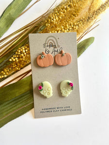 Halloween 2 Pack Stud Earring Set-Glow in the Dark Skull and Pumpkin