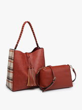 Load image into Gallery viewer, Dina Plaid Contrast Tote w/ Tassel - Rust/Cream Plaid