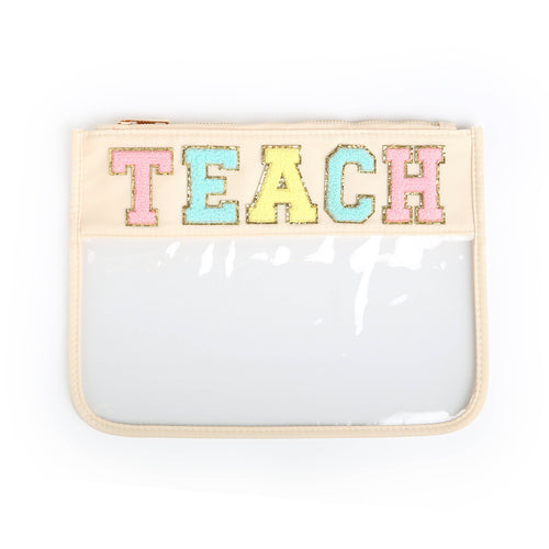 Varsity Letter Patch Clear Zippered Pouch Bag - Cream TEACH