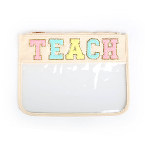 Varsity Letter Patch Clear Zippered Pouch Bag - Cream TEACH