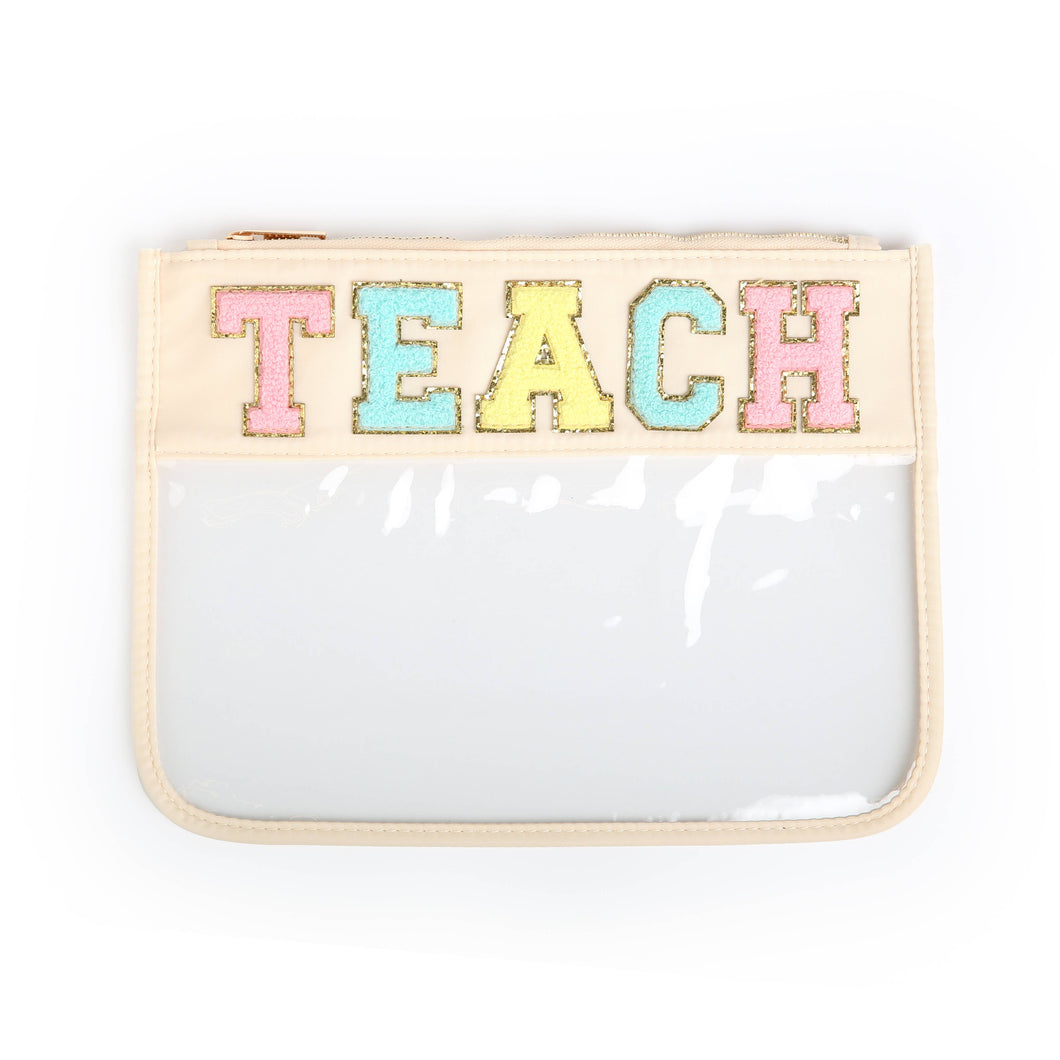 Varsity Letter Patch Clear Zippered Pouch Bag - Cream TEACH