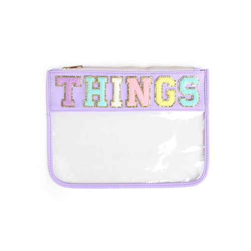 Varsity Letter Patch Clear Zippered Pouch Bag - Purple THINGS