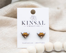 Load image into Gallery viewer, Highland Cow  Wood Stud Earrings
