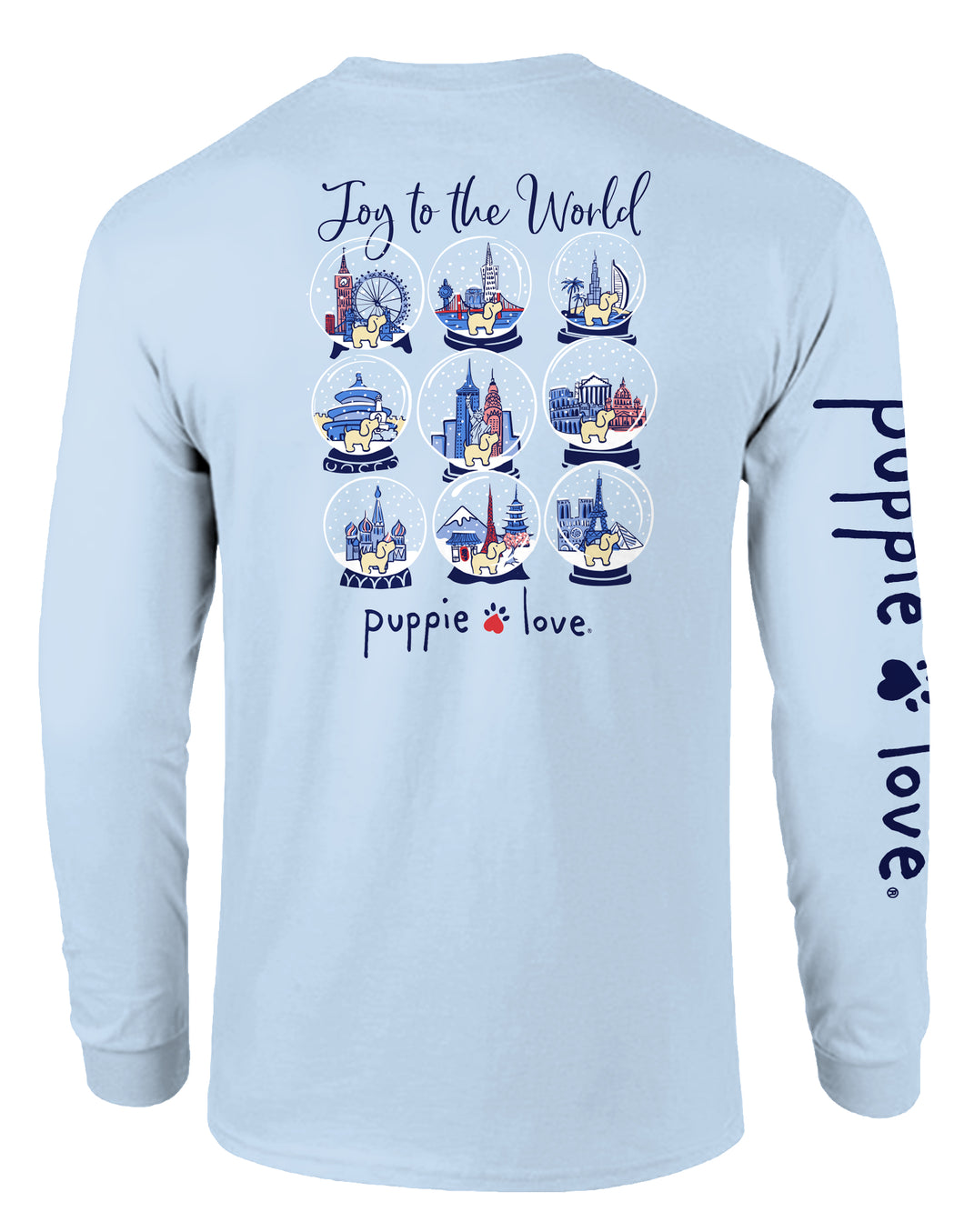 Puppie Love Joy To The World Snowglobes Adult Long Sleeve Tee