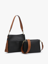 Load image into Gallery viewer, Lyla 2-in-1 Bucket Bag w/ Guitar Strap - Black&amp; Saddle Brown