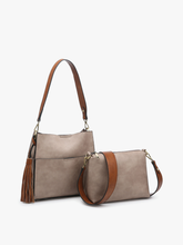Load image into Gallery viewer, Lyla 2-in-1 Bucket Bag w/ Guitar Strap - Black&amp; Saddle Brown