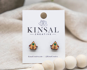 Gingerbread House Wood Stud Earrings