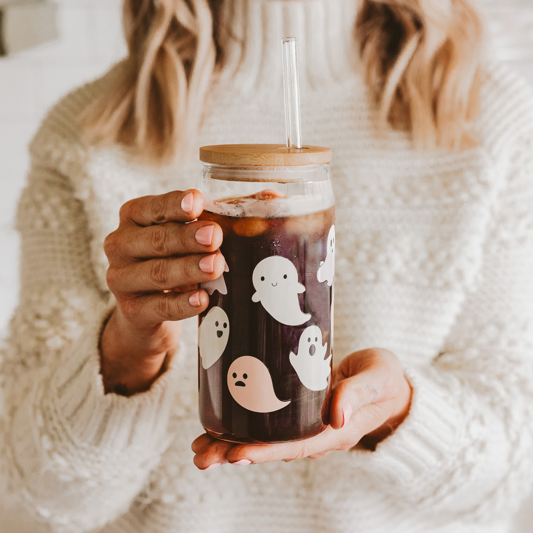 Glass Jar w/ Straw & Lid - Ghost Halloween