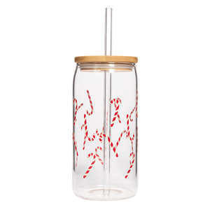 Candy Cane 17 oz Can Glass Tumbler w/ Straw & Lid