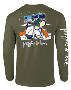 Puppie Love Christmas RV Pup Adult Long Sleeve Tee