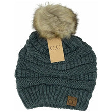Load image into Gallery viewer, C.C. Beanie Knit Faux Fur Pom Beanie-Teal Grey