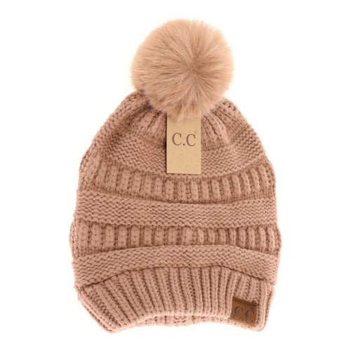 Super Soft Matching Fur Pom C.C Beanie Hat - Nude
