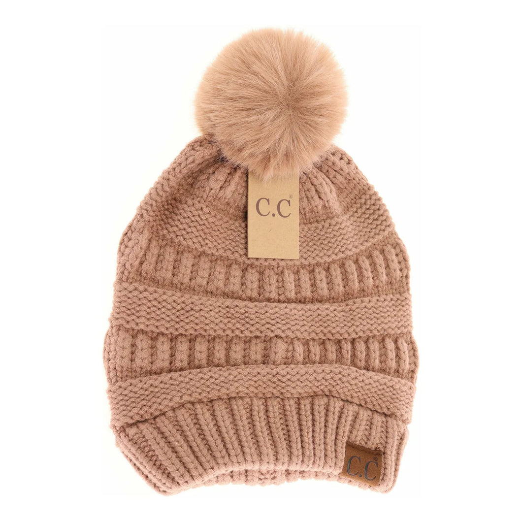 Super Soft Matching Fur Pom C.C Beanie Hat - Nude