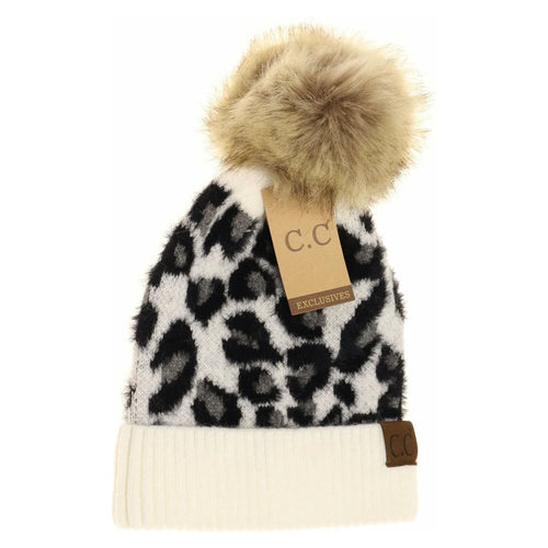 Leopard Faux Fur Pom C.C Beanie Hat - Ivory