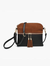 Load image into Gallery viewer, Tara Corduroy 2 Tone Crossbody w/ Front Zip Pocket - Black &amp; Saddle Brown