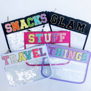 Varsity Letter Patch Clear Zippered Pouch Bag - Pink STUFF