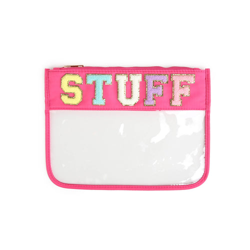 Varsity Letter Patch Clear Zippered Pouch Bag - Pink STUFF