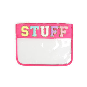 Varsity Letter Patch Clear Zippered Pouch Bag - Pink STUFF