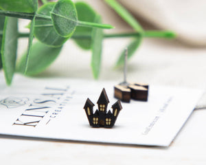 Haunted House Wood Stud Earrings