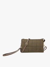Load image into Gallery viewer, Riley Plaid 3 Compartment Crossbody/Wristlet - Brown &amp; Green Plaid