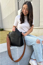 Load image into Gallery viewer, Lyla 2-in-1 Bucket Bag w/ Guitar Strap - Black&amp; Saddle Brown