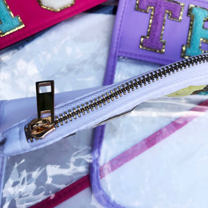 Varsity Letter Patch Clear Zippered Pouch Bag - Cream TEACH