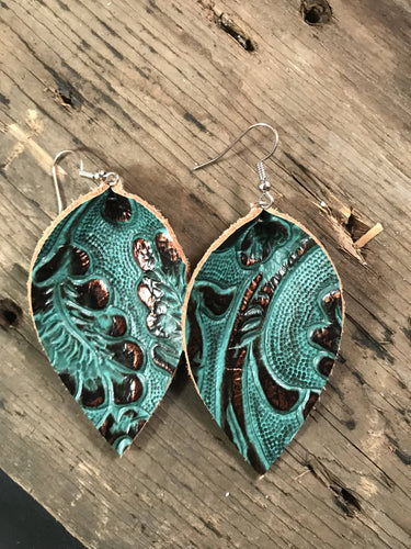 Teal and Copper Leather Earrings