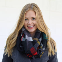 Load image into Gallery viewer, Infinity Scarf Charcoal Red Green