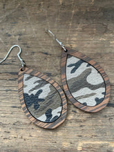 Load image into Gallery viewer, Wood Teardrop Earrings with Camo Leather