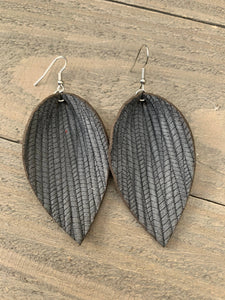 Grey Palm Leaf Textured Leather Earring