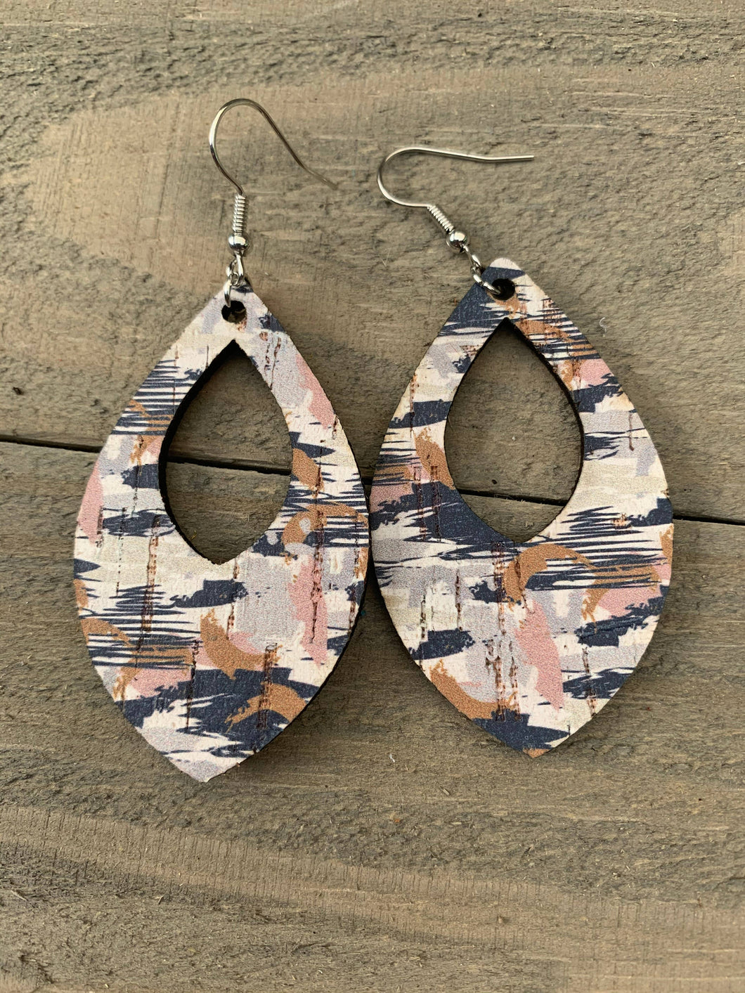 Rust and Blue Camo Cork and Leather Teardrop Earrings