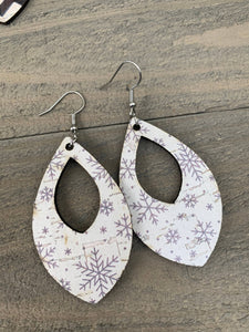 White Snowflake Cork and Leather Teardrop Earrings