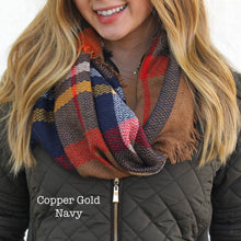 Load image into Gallery viewer, Infinity Scarf Copper Gold Navy Plaid