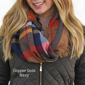 Infinity Scarf Copper Gold Navy Plaid