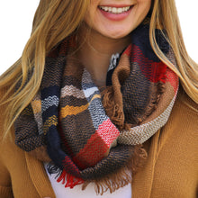 Load image into Gallery viewer, Infinity Scarf Copper Gold Navy Plaid