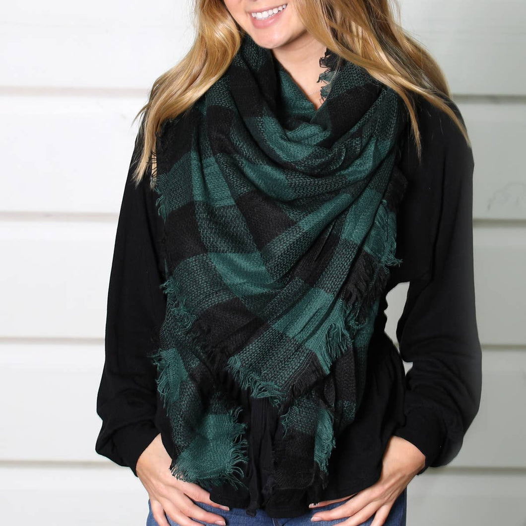 Blanket Scarf Green & Black Buffalo Plaid Check