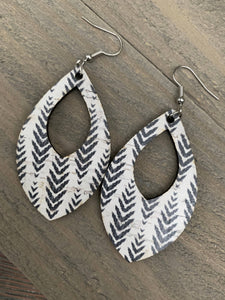 Black and White Leaf Cork and Leather Teardrop Earrings