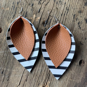 Black and White Stripe Cognac Brown Earrings