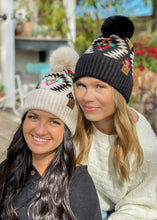 Load image into Gallery viewer, Aztec Patterned Faux Fur Pom C.C Beanie Hat - Black