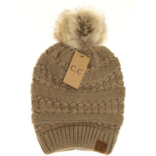 Load image into Gallery viewer, C.C. Beanie Whipstitch Knit Faux Fur Pom Beanie-Taupe