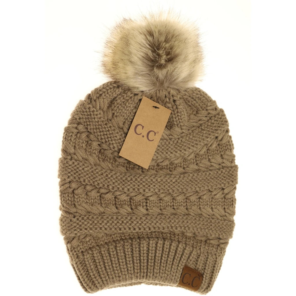 C.C. Beanie Whipstitch Knit Faux Fur Pom Beanie-Taupe