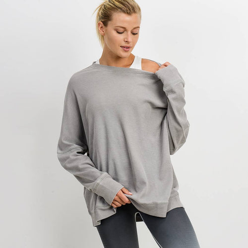 Waffle Ribbed Roundneck Pullover Mineral Washed-Light Gray