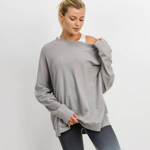 Waffle Ribbed Roundneck Pullover Mineral Washed-Light Gray