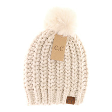 Load image into Gallery viewer, Chenille Chunky Knit Faux Fur Pom C.C Beanie Hat - Beige